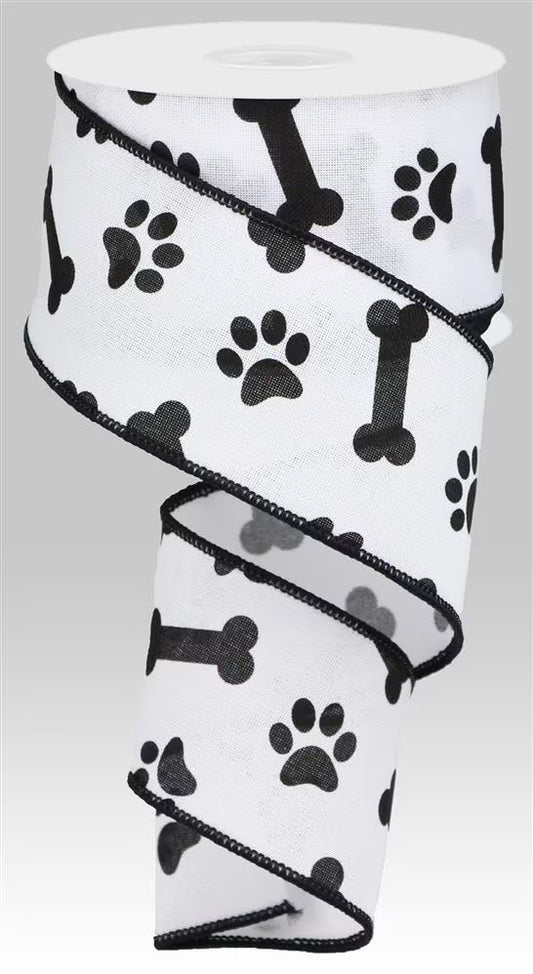 Dog Paw Bone Black White Wired Ribbon by RG Ribbon – 2.5" x 10 Yards, Wreath Ribbon, Craft Supplies
