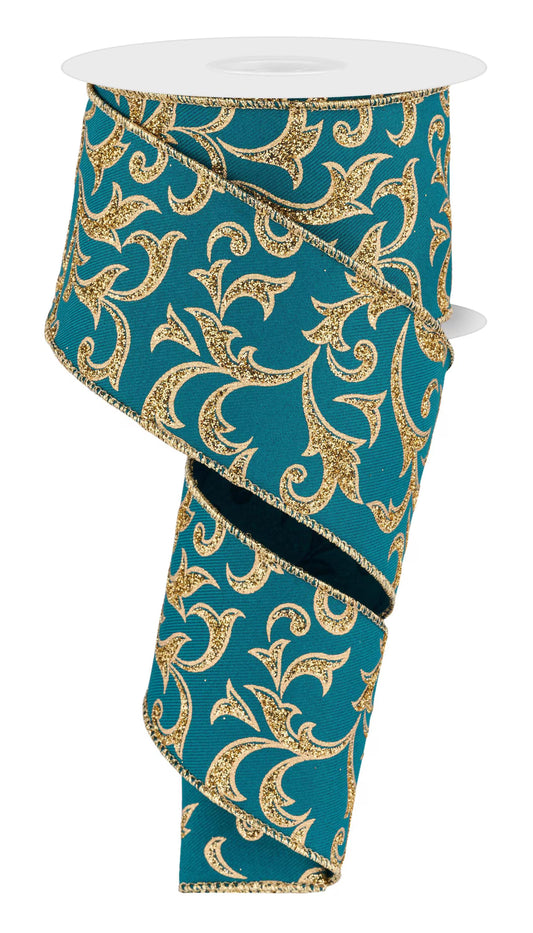 Acanthus Leaf Teal Gold Glitter Wired Ribbon by RG Ribbon – 2.5" x 10 Yards,  Wreath Ribbon, Craft Supplies