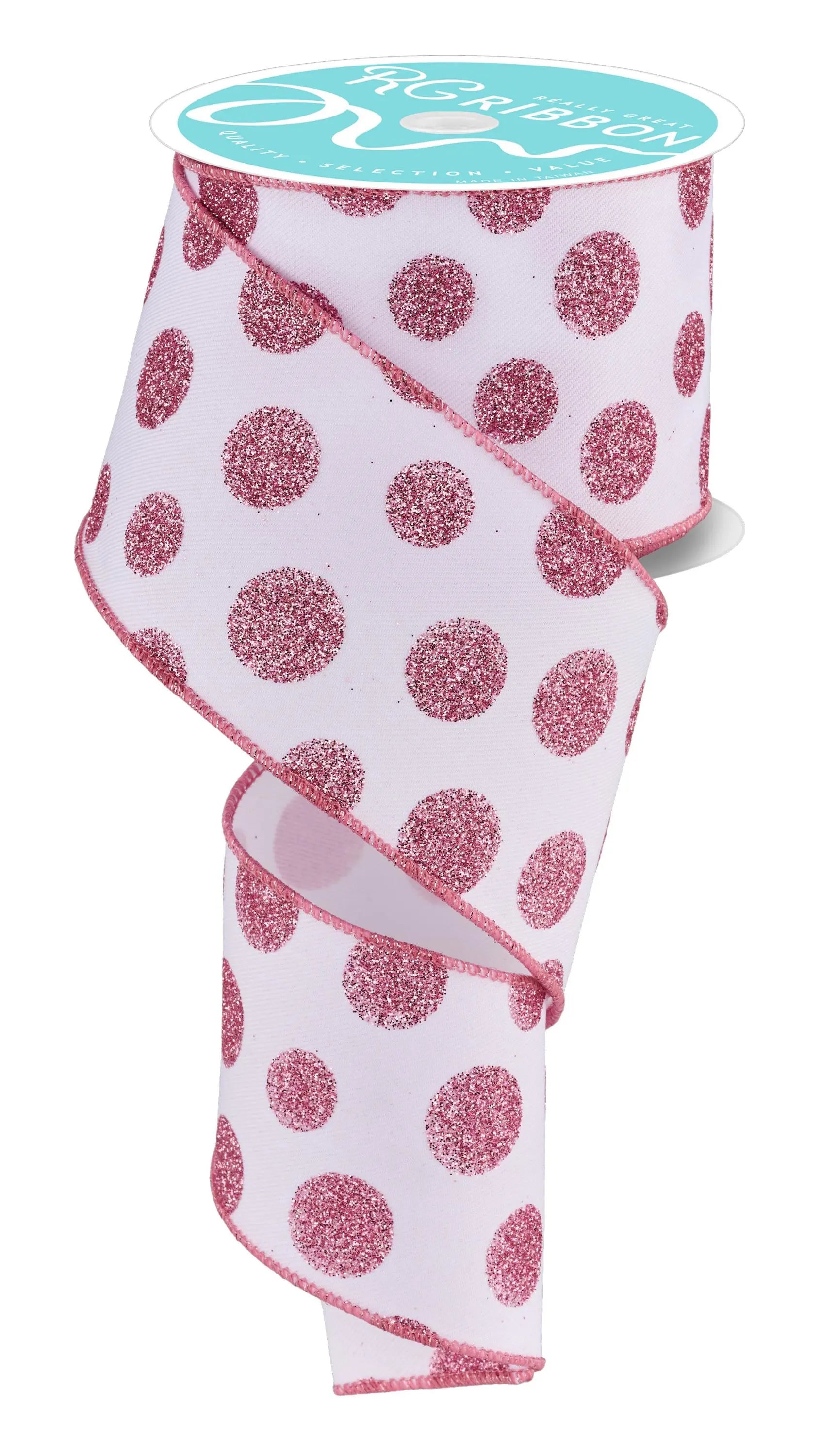 Pink Glitter Polka Dot Wired Glitter Ribbon by RG Ribbon – 2.5