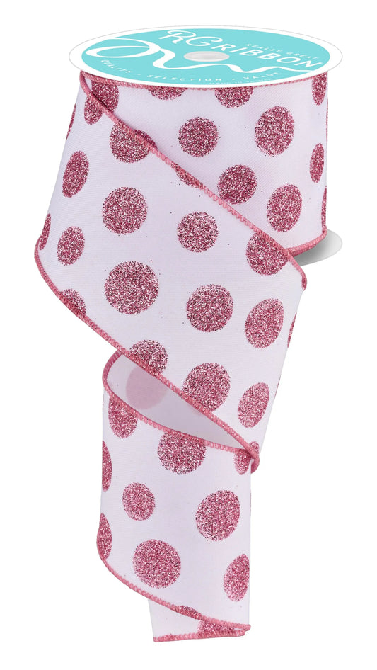 Pink Glitter Polka Dot Wired Glitter Ribbon by RG Ribbon – 2.5" x 10 Yards, Wreath Ribbon, Craft Supplies
