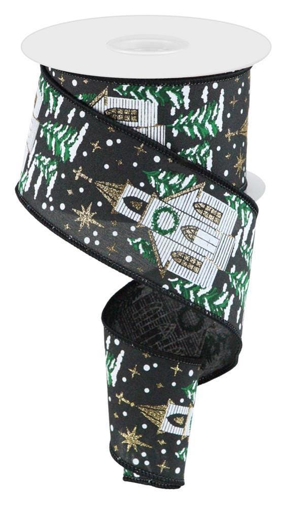 Winter Church  Wired Ribbon by RG Ribbon  2.5" x 10 Yards, Christmas Wreath Ribbon, Craft Supplies
