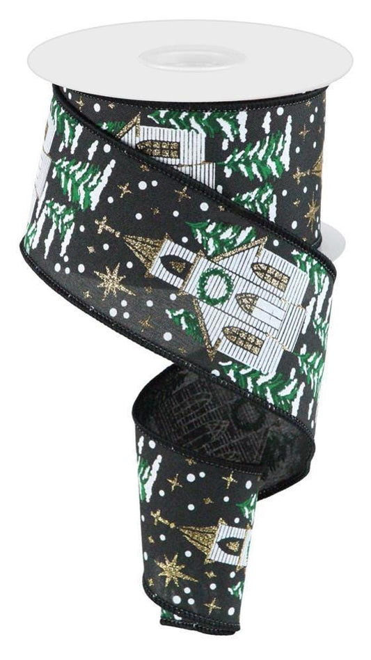Winter Church  Wired Ribbon by RG Ribbon  2.5" x 10 Yards, Christmas Wreath Ribbon, Craft Supplies