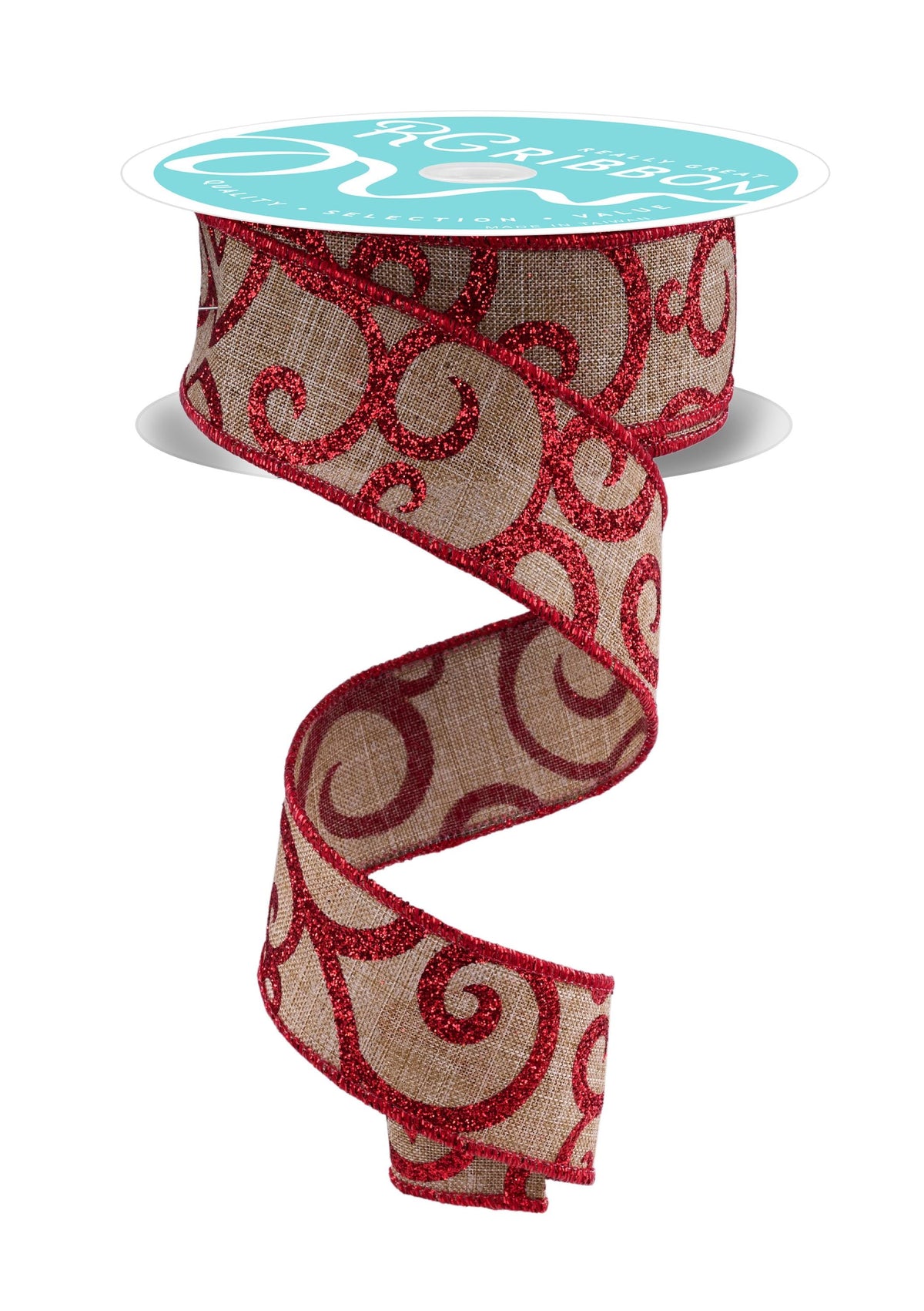 Red Glitter Swirl Royal Wired Ribbon by RG Ribbon  1.5" x 10 Yards, Christmas Wreath Ribbon, Craft Supplies