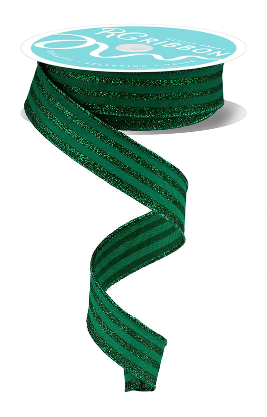 Green Vertical Glitter Stripe Wired Ribbon by RG Ribbon  7/8" x 10 Yards, Christmas Wreath Ribbon, Craft Supplies
