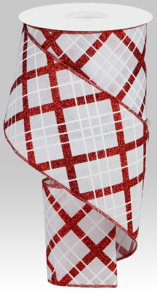 White Base with Glittered Red Diagonal Pattern Wired Ribbon by RG Ribbon  4.0" x 10 Yards, Holiday Wreath Ribbon,  Craft Supplies