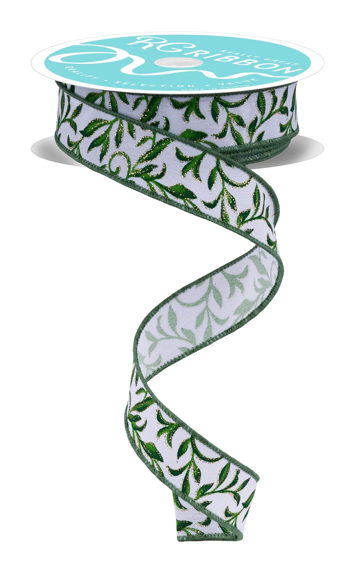 Tonal Leaves with Glitter Accents Wired Ribbon  7/8" x 10 Yards, Holiday Wreath Ribbon, Sparkle Ribbon, Craft Supplies