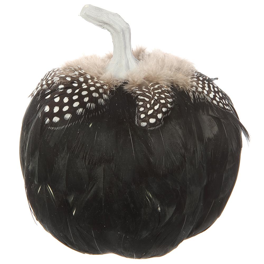 6.3"HX6.3"D Feathered Pumpkin Wreath Attachment   | Halloween Wreath Accent | Black & White Brown Speckled Feathers, DIY Wreath Supplies