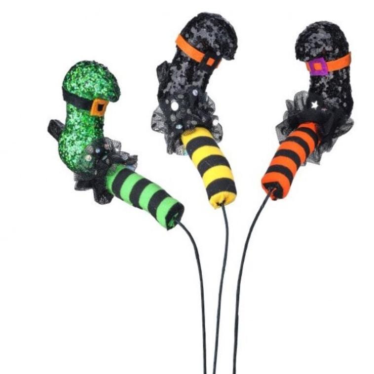 Set of 3- 14" Halloween Witch Boot Stems, Green, Yellow & Orange, Wreath Embellishment, Wreath Supplies, Home Decor, DIY Craft Supply