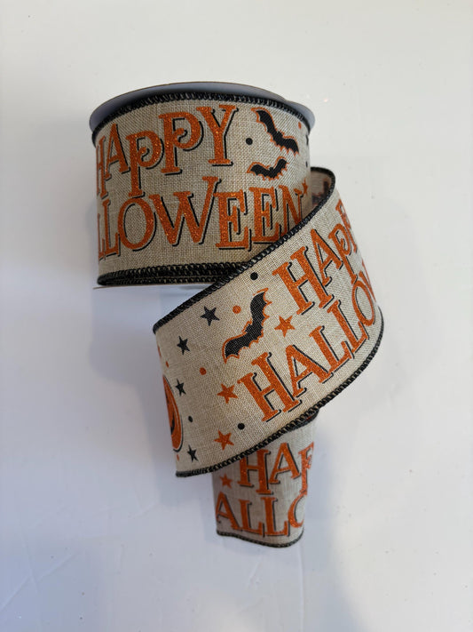 Happy Halloween Pumpkin Black Edge Wired Ribbon by RG Ribbon  2.5" x 10 Yards, Halloween Wreath Ribbon, Craft Supplies, Fall Ribbon