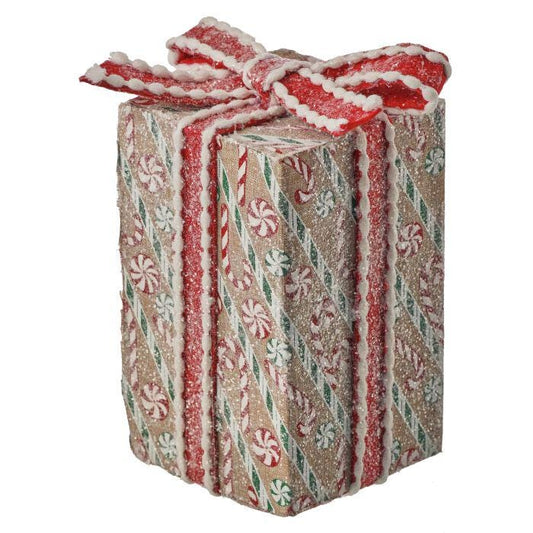 8" Gingerbread Peppermint Print Frosted Look Present Embellishment  | Whimsical Wreath Pick | Holiday Embellishment | Wreath Supply