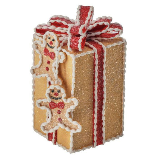 8" Gingerbread Frosted Look Present with Hanging Gingerbread Cookies Embellishment  | Whimsical Wreath Holiday Embellishment | Wreath Supply
