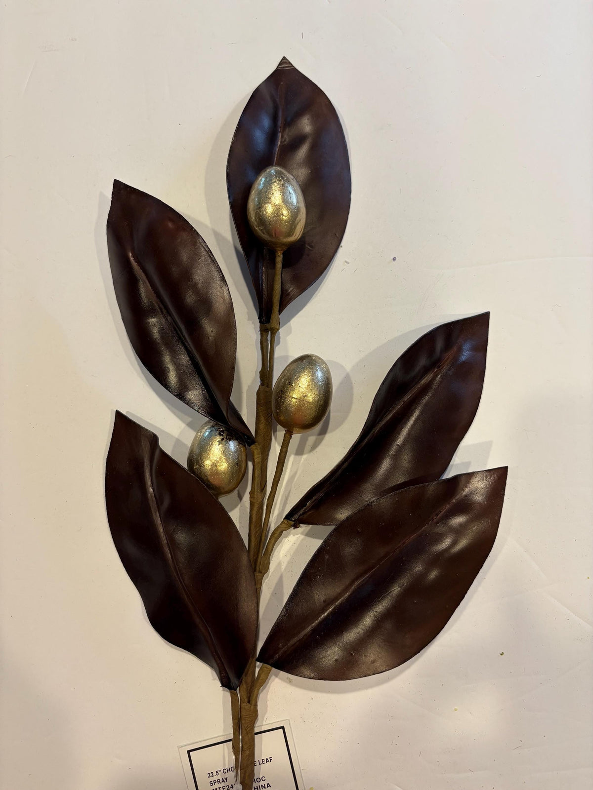 22.5" Faux Chocolate Leaf Spray with Gold Eggs  Elegant Decorative Pick for Wreaths|  Holiday Embellishment | DIY Wreath Supply