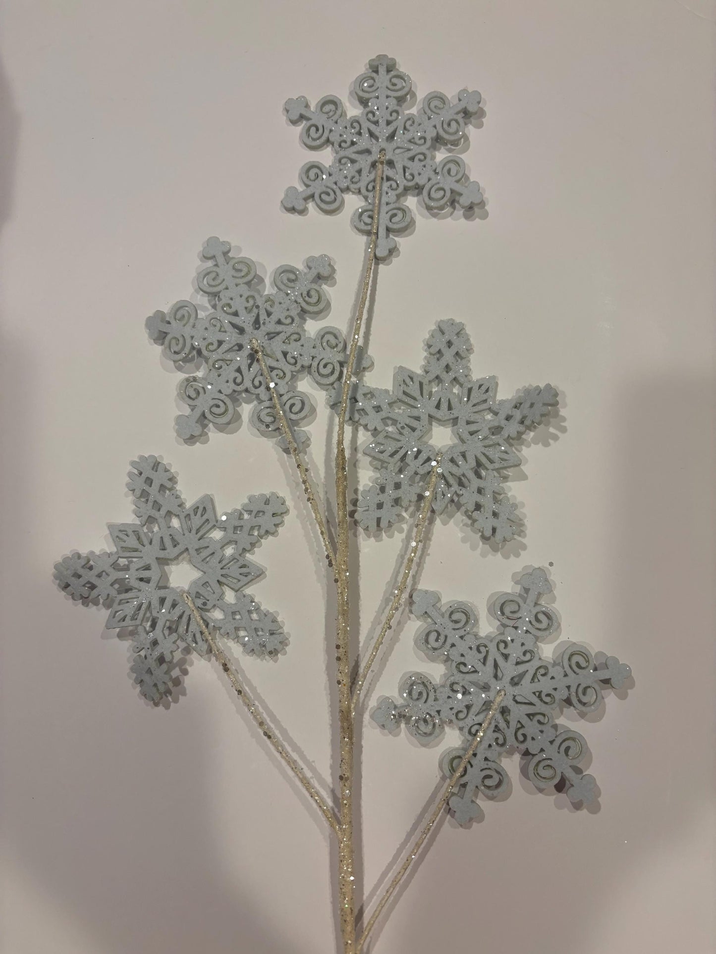 28" Snowflake Spray  5 Snowflakes on Glittery Stem | Winter Floral Pick | Christmas Wreath & Holiday Craft Supply