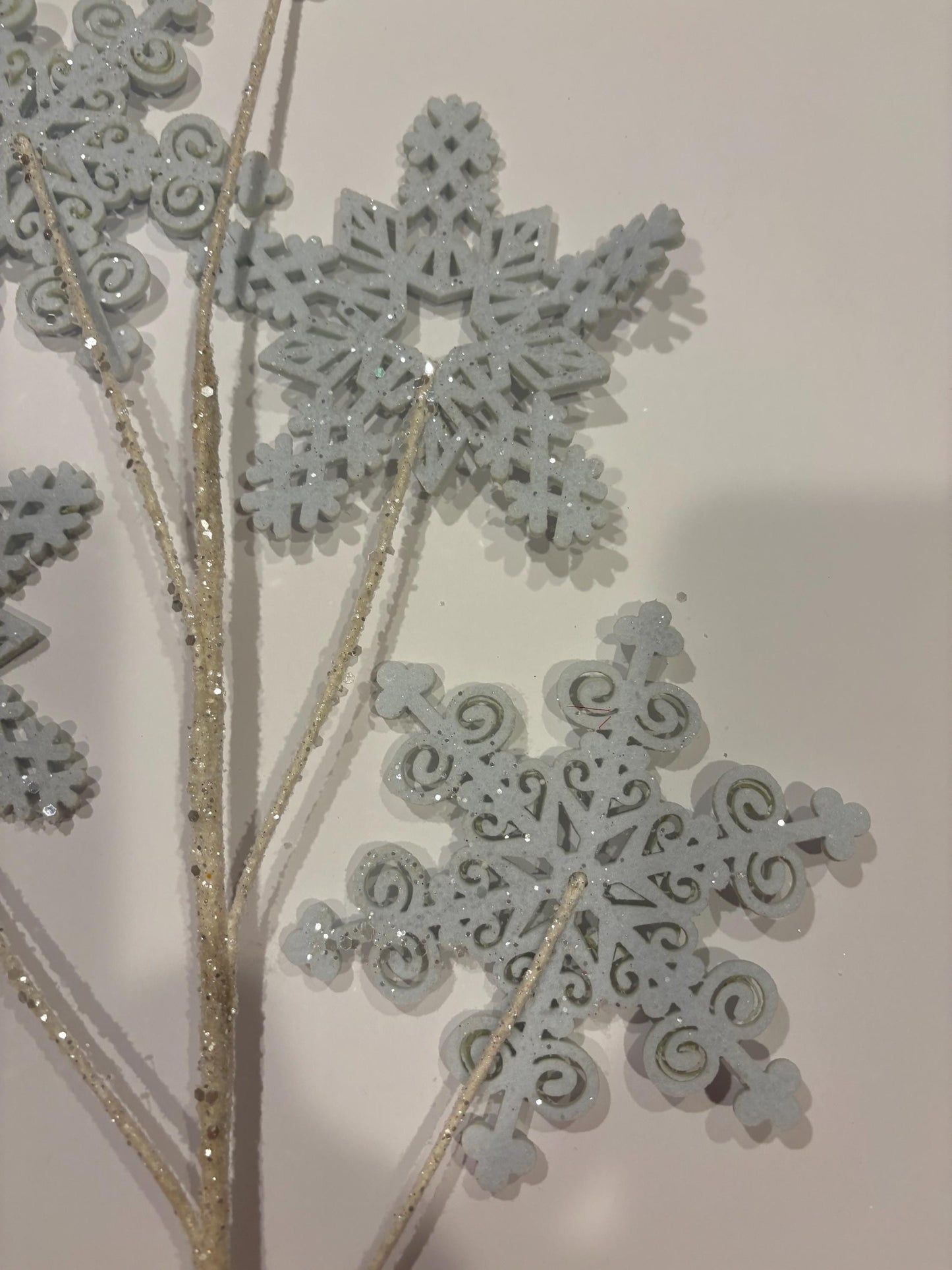 28" Snowflake Spray  5 Snowflakes on Glittery Stem | Winter Floral Pick | Christmas Wreath & Holiday Craft Supply