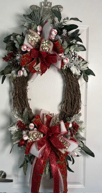 Christmas Holiday Oval Grapevine Wreath 20x 48 Inches  Pine Foliage, Winter Greens & Red Glitter and Holiday Print Bow