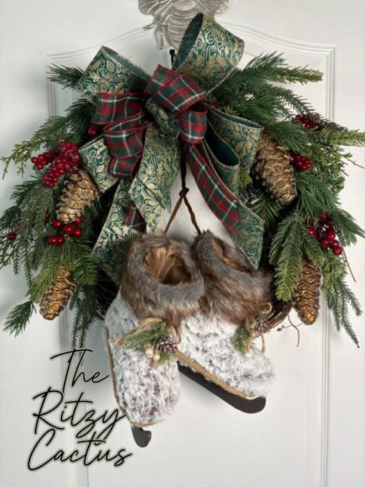 24 Inch Grapevine Winter Wreath with Hanging Fur-Trimmed Skates & Faux Balsam Pine, Copper Pine Cone Ornaments