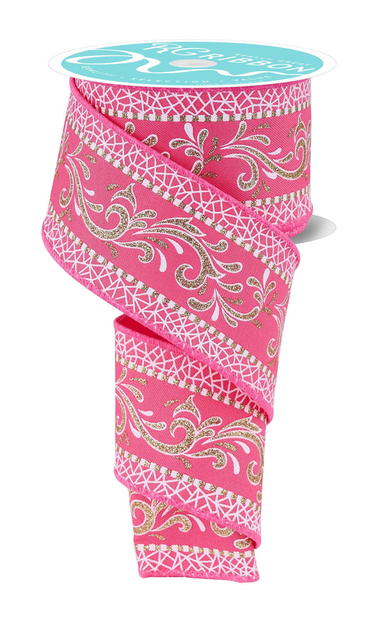 Pink Gold Multi Swirls  Wired Ribbon by RG Ribbon  2.5" x 10 Yards, Spring Wreath Ribbon,  Craft Supplies, Whimsical Ribbon