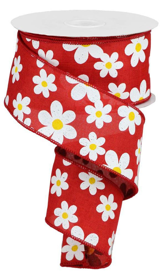 Flower Daisy Print on Royal Red Wired Ribbon by RG Ribbon  2.5" x 10 Yards, Spring Summer Wreath Ribbon,  Craft Supplies