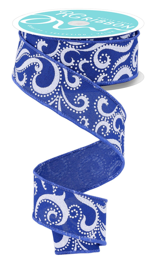 Blue White Swirls and Dots Wired Ribbon by RG Ribbon  1.5" x 10 Yards,  Summer Wreath Ribbon,  Craft Supplies