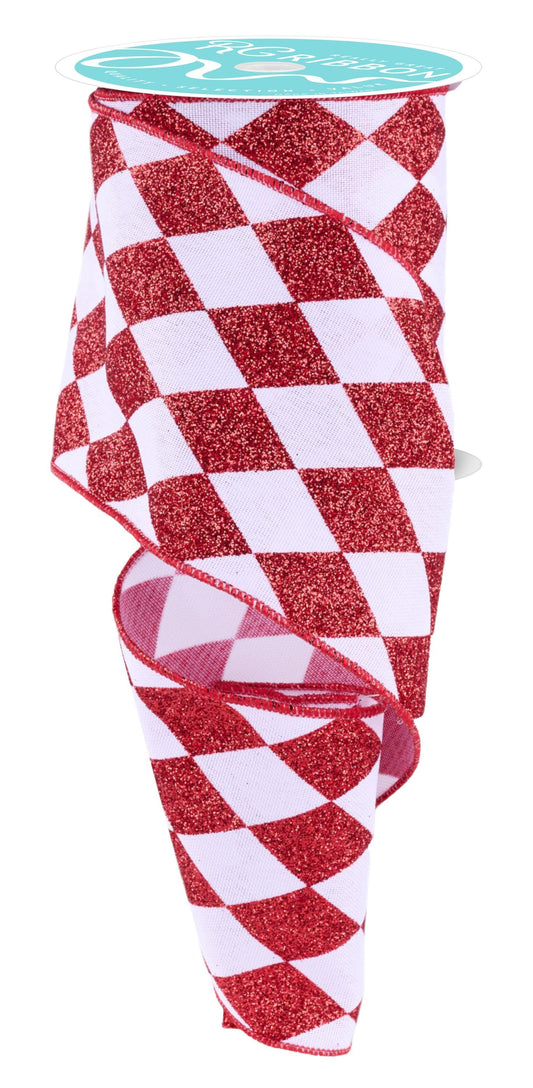 Harlequin Check Red and White Wired Ribbon by RG Ribbon  4.0" x 10 Yards, Spring Summer Wreath Ribbon,  Craft Supplies