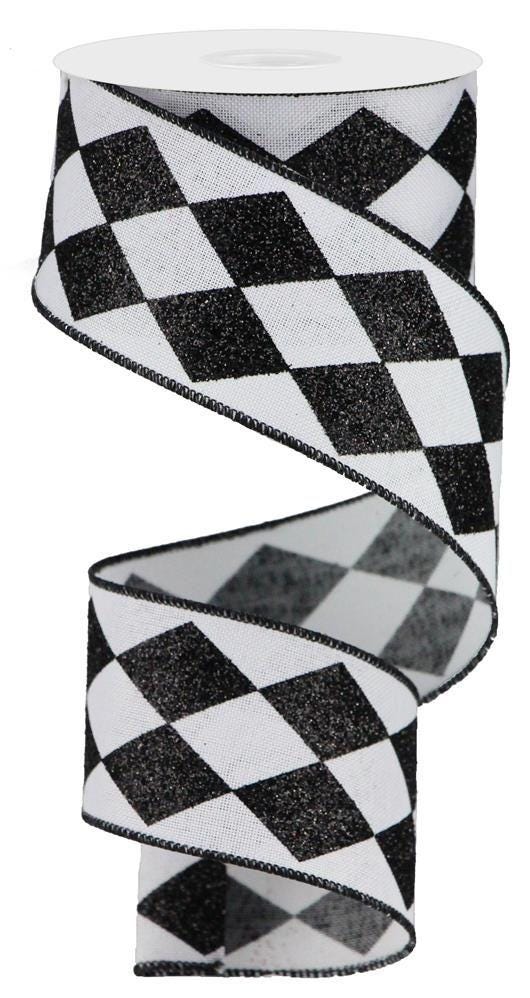 Glittered Harlequin Check Black and White Wired Ribbon by RG Ribbon  2.0" x 10 Yards,  Spring Everyday Wreath Ribbon,  Craft Supplies