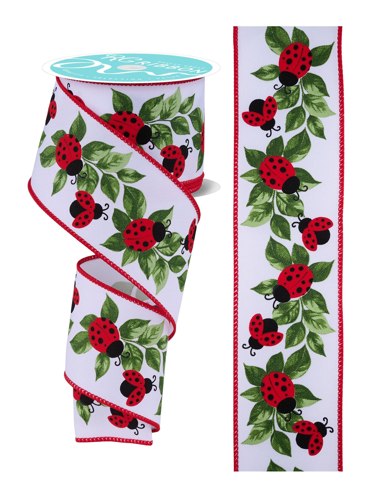 Ladybugs Leaves Wired Ribbon by RG Ribbon  2.5" x 10 Yards, Spring Summer Wreath Ribbon,  Craft Supplies