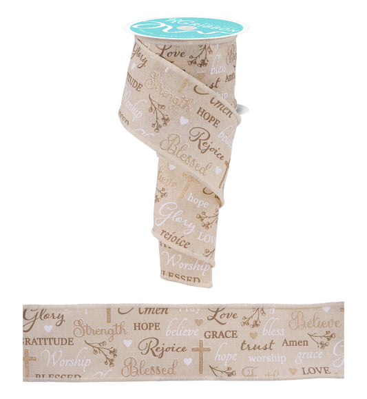 Words of Faith Wired Ribbon  2.5" x 10 Yards, Spring Religious Wreath Ribbon,  Craft Supplies