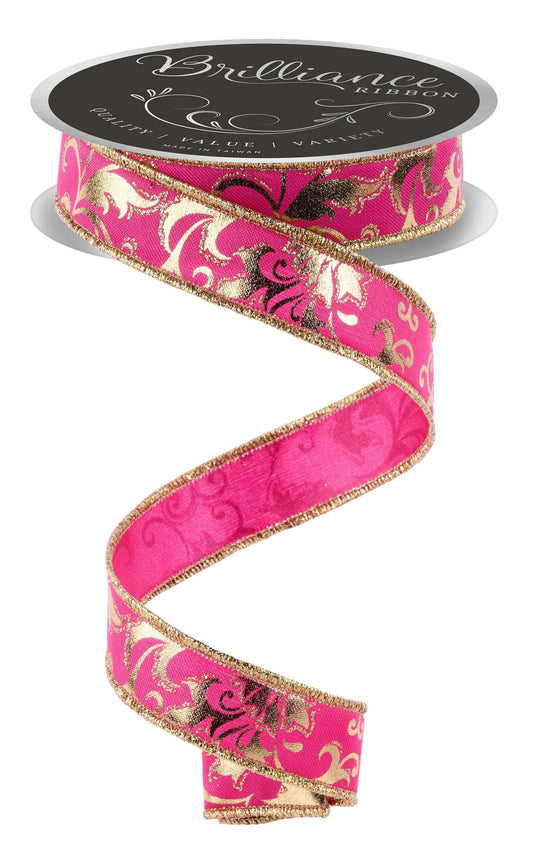 Pink Gold Metallic Gold Foil Swirl Wired Ribbon by LS Ribbon  7/8" x 10 Yards, Everyday Valentine Wreath Ribbon, Craft Supplies