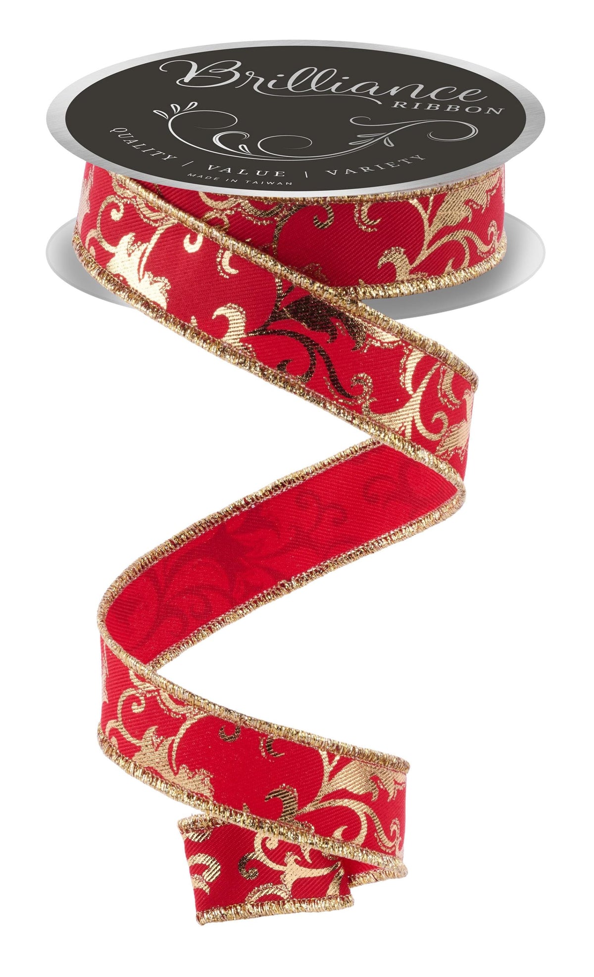 Red Gold Metallic Gold Foil Swirl Wired Ribbon 7/8" x 10 Yards, Everyday Valentine Wreath Ribbon, Craft Supplies