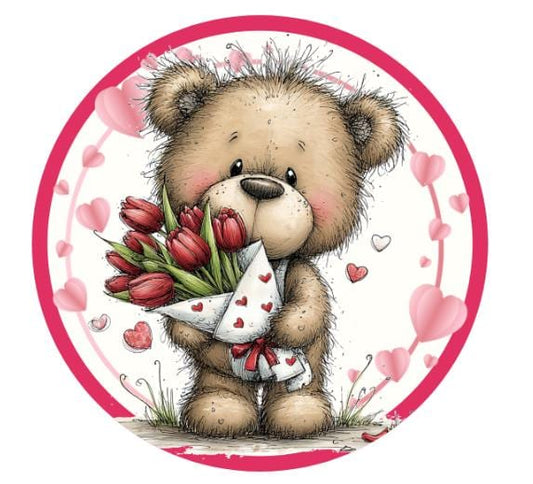 10 Valentine Bear Floral Tulip Wreath Sign, Vintage Look Metal Wreath Sign, Home Decor, Spring Sign