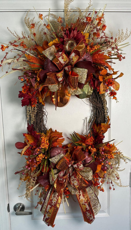 Large Fall Grapevine Oval Wreath 26x48  Rust & Gold Gems  Fall Foliage  Wired Leaf Ribbon and Orange Glitter Bow