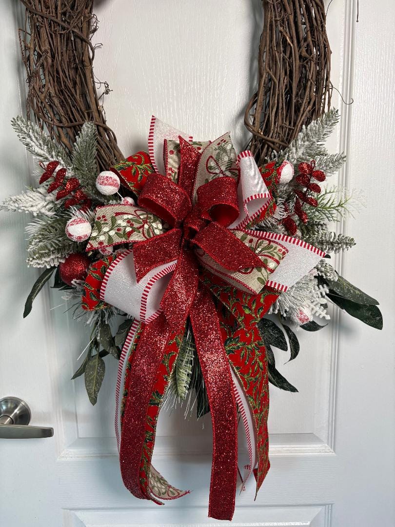 Christmas Holiday Oval Grapevine Wreath 20x 48 Inches  Pine Foliage, Winter Greens & Red Glitter and Holiday Print Bow