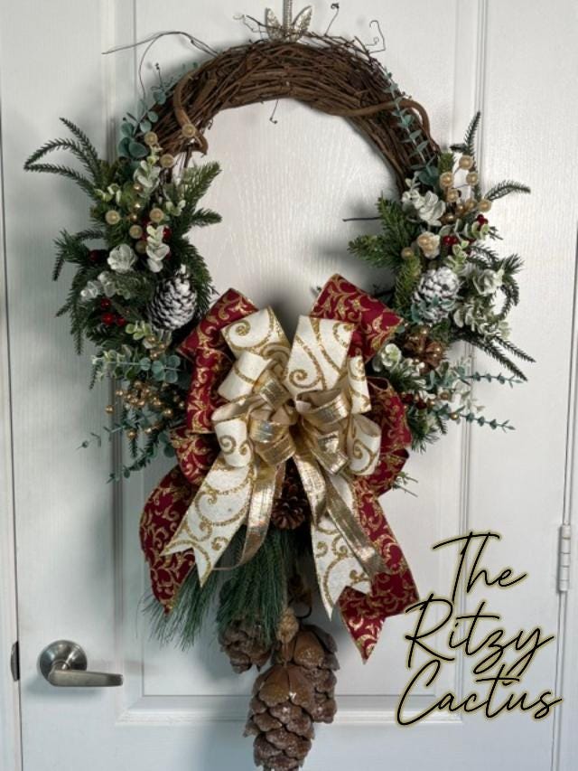 Oversized Elegant Grapevine Wreath with Burgundy and Gold Ribbon & Hanging Metal Pinecones   26 x 36 Inches -