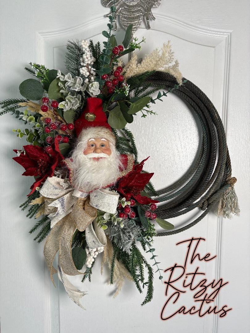 Olde Time Santa Lasso Rope Wreath  Woodland and Gold Bow, Pine & Holiday Florals 25 x 28 Inches