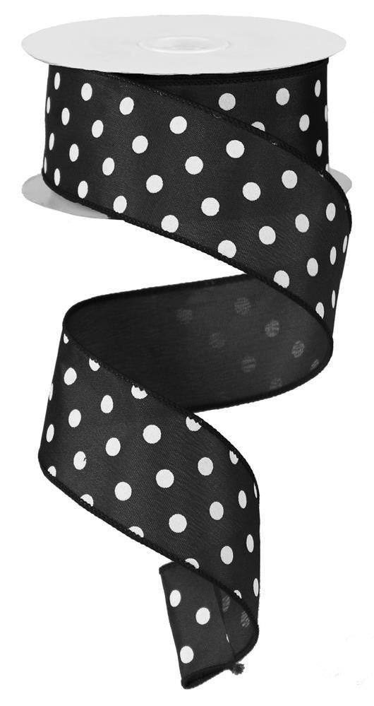 Small Polka Dot Black and White Wired Ribbon by RG Ribbon  1.5" x 10 Yards, Wreath Ribbon, Craft Supplies