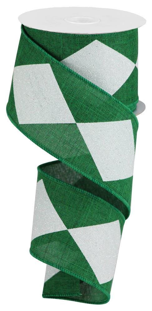 Green White Bold Harlequin on Royal Wired Ribbon by RG Ribbon  2.5" x 10 Yards, Wreath Ribbon, Craft Supplies