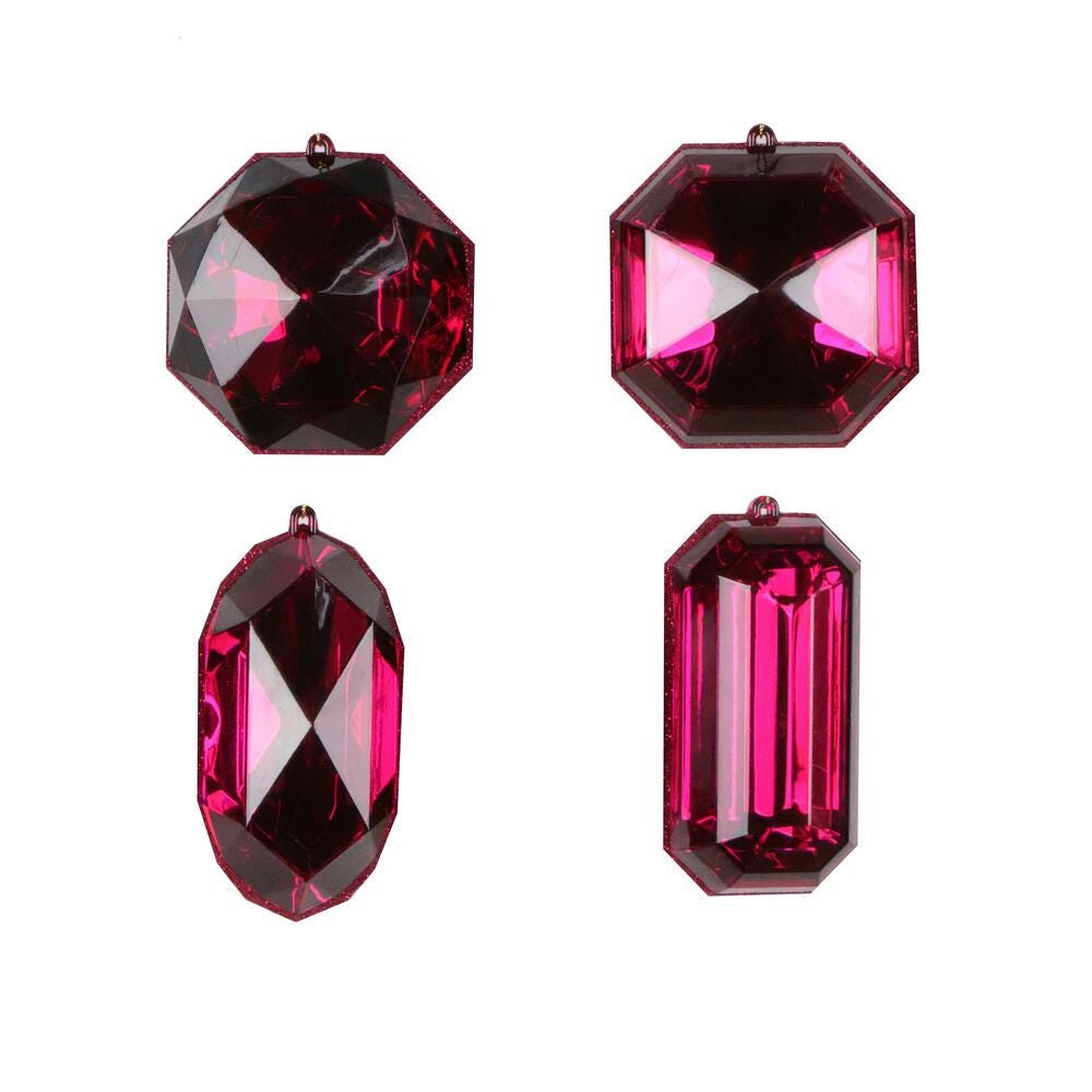 4 Pack Vickerman 4-5" Burgundy Jewel Glitter Gem Ornament Assorted Shapes, Wreath Embellishment, Valentine,  Wreath Supply