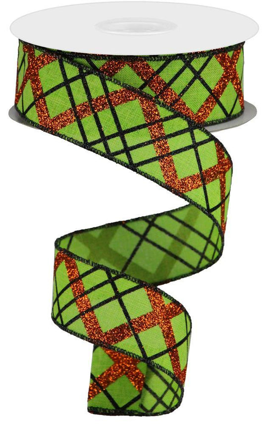 Glitter Diagonal Plaid Wired Ribbon by RG Ribbon  1.5" x 10 Yards, Wreath Ribbon, Craft Supplies, Halloween  Everyday Ribbon