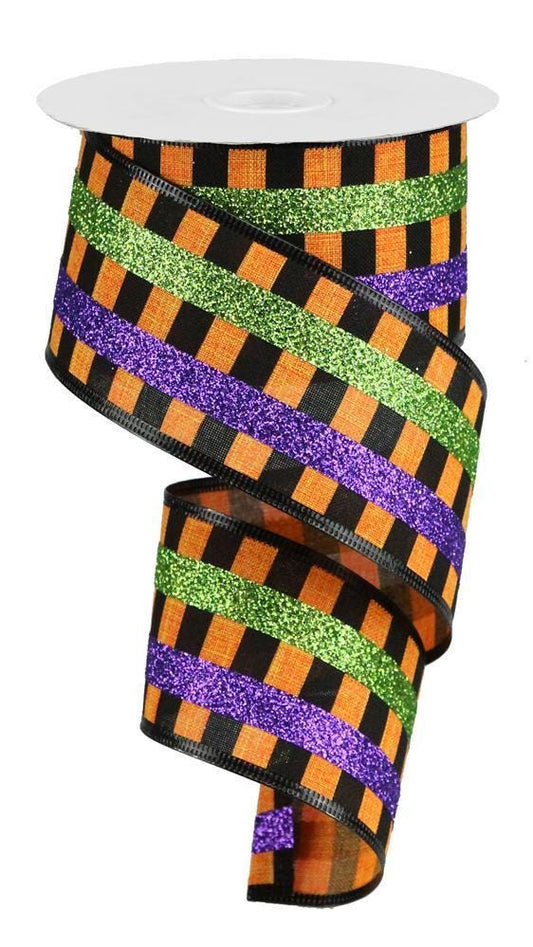 Glittered Stripes On Royal Wired Ribbon by RG Ribbon  2.5" x 10 Yards, Wreath Ribbon, Craft Supplies Halloween Ribbon