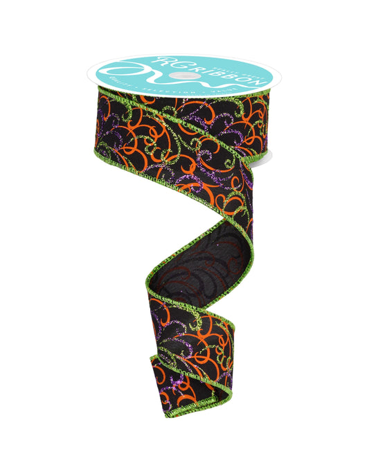 Multi Swirls Glitter Wired Ribbon by RG Ribbon  1.5" x 10 Yards, Wreath Ribbon, Craft Supplies, Halloween  Everyday Ribbon