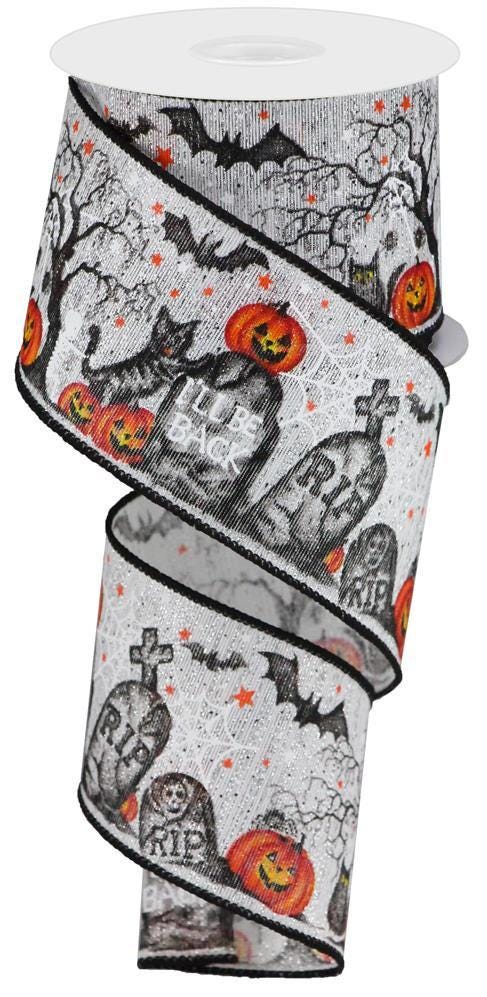 Graveyard Pumpkin Metallic Wired Ribbon by RG Ribbon  2.5" x 10 Yards, Halloween Wreath Ribbon, Craft Supplies, Fall Ribbon