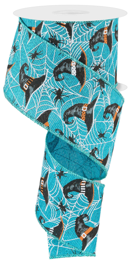 Halloween Blue Witch Hat & Webs Wired Ribbon by RG Ribbon  2.5" x 10 Yards, Halloween Wreath Ribbon, Craft Supplies, Fall Ribbon