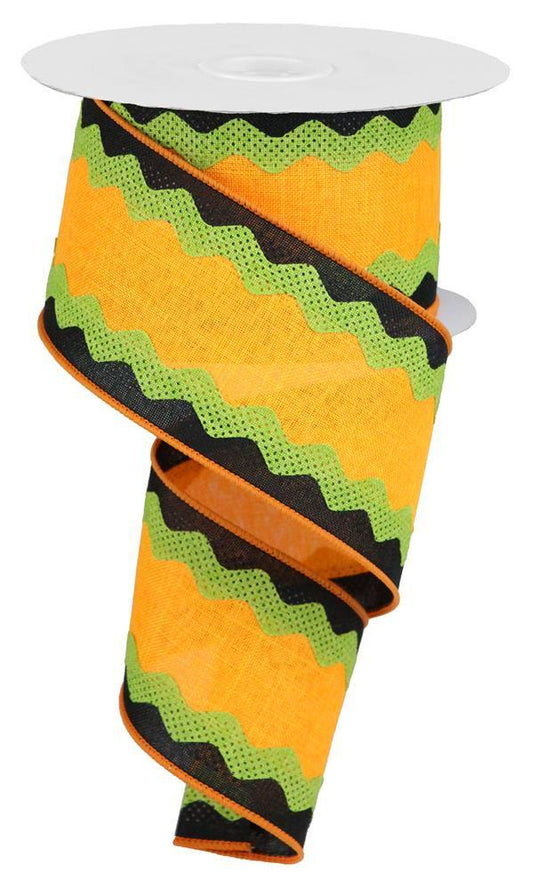 Ric Rac Orange Lime Black on Royal Wired Ribbon by RG Ribbon  2.5" x 10 Yards, Halloween Wreath Ribbon, Craft Supplies, Fall Ribbon