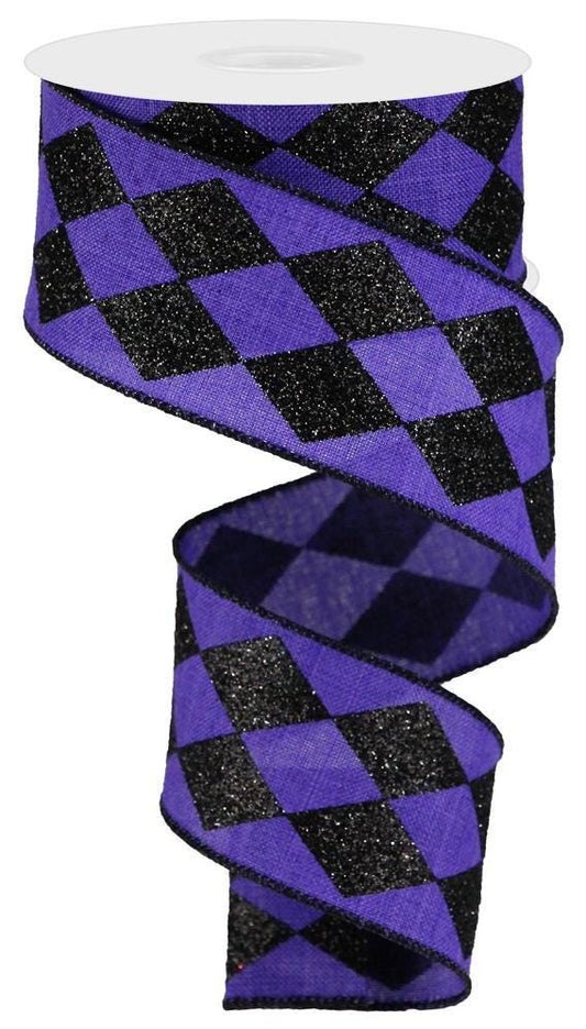 Glitter Harlequin Check Wired Ribbon by RG Ribbon  2" x 10 Yards, Wreath Ribbon, Craft Supplies, Halloween  Everyday Ribbon