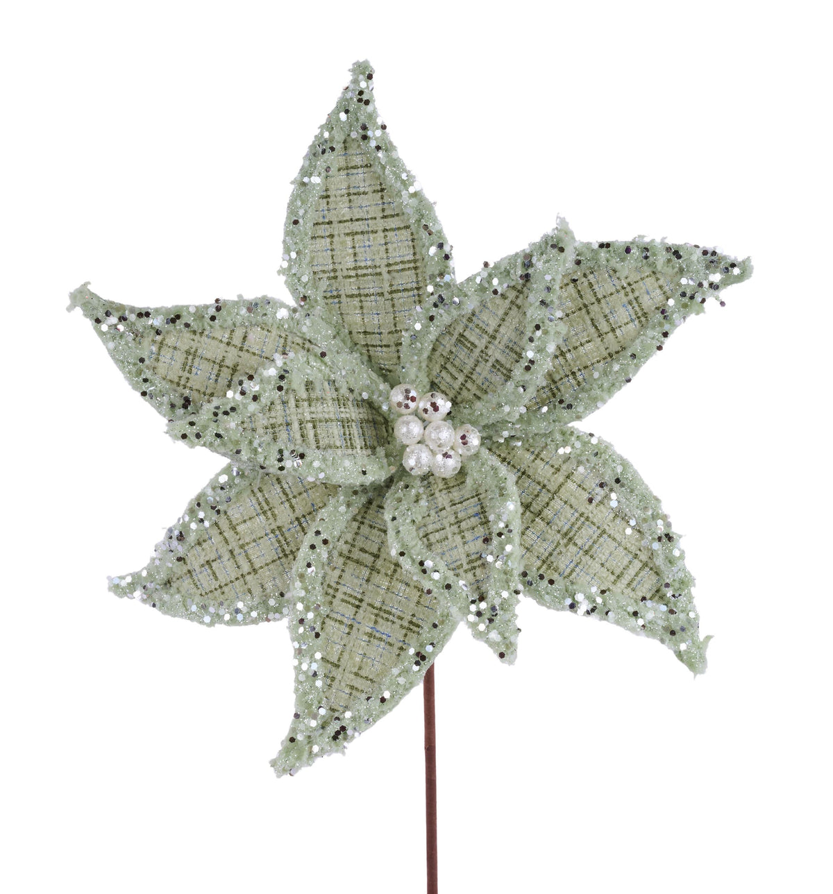 11.75" Diameter Sage Green Plaid Velvet Poinsettia Stem, Wreath Embellishment, Wreath Supplies, Home Decor, Greenery, DIY Craft Supply