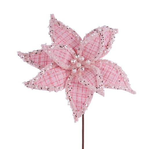 11.75" Diameter Pink Plaid Velvet Poinsettia Stem, Wreath Embellishment, Wreath Supplies, Home Decor, Greenery, DIY Craft Supply