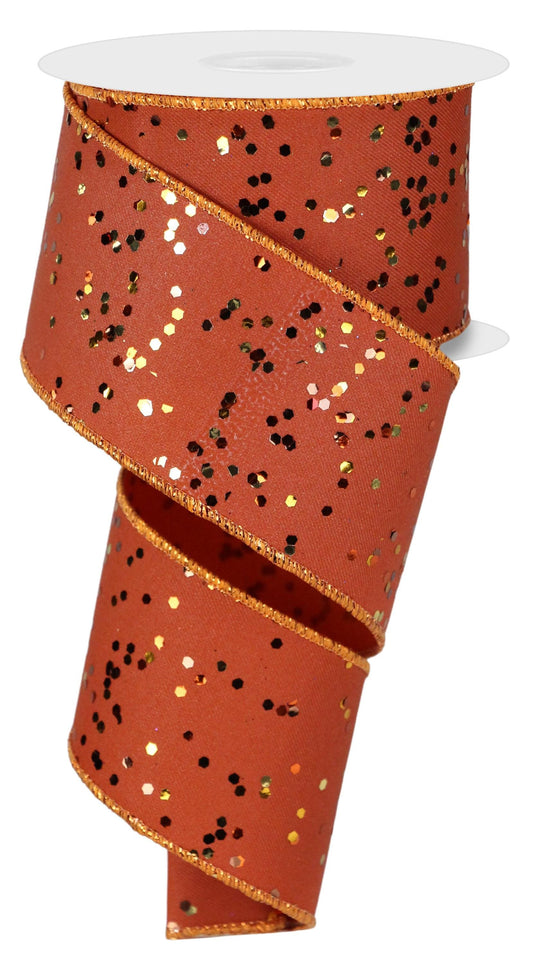 Copper Sprinkled Hex Glitter Finish Wired Ribbon  2.5" x 10 Yards,  Wreath Ribbon, Craft Supplies, Fall Ribbon