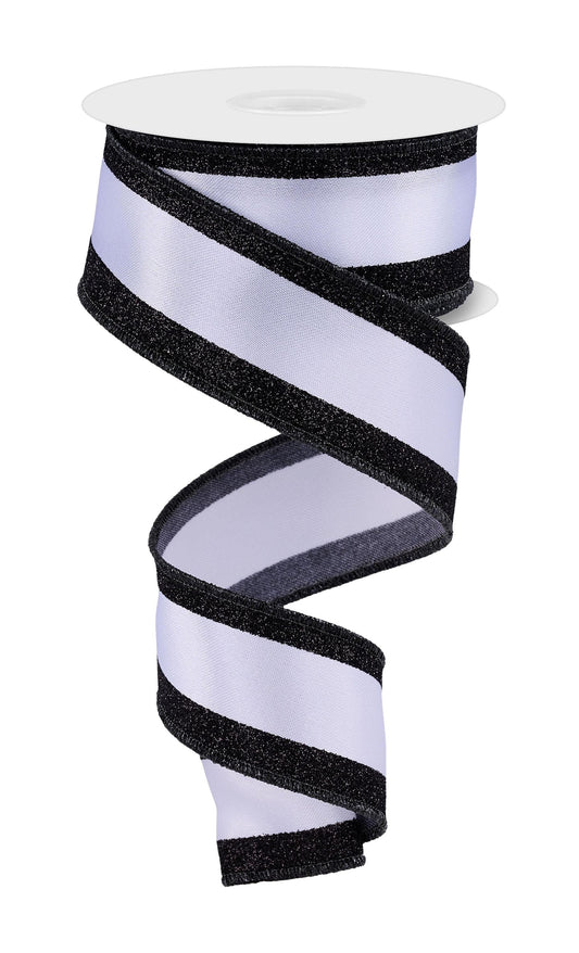 White Black Vertical Glitter Stripe Wired Ribbon by RG Ribbon  1.5" x 10 Yards, Wreath Ribbon, Craft Supplies