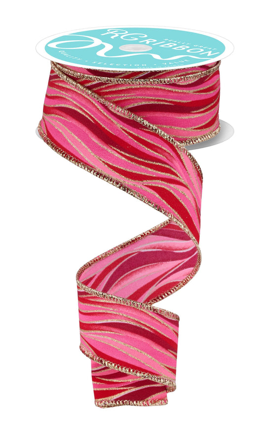 Pink Gold Wavy Stripes Wired Ribbon by RG Ribbon  1.5" x 10 Yards, Wreath Ribbon, Craft Supplies