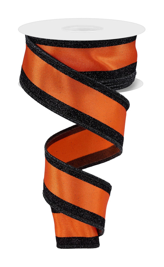 Orange Black Vertical Glitter Stripe Wired Ribbon by RG Ribbon  1.5" x 10 Yards, Wreath Ribbon, Craft Supplies